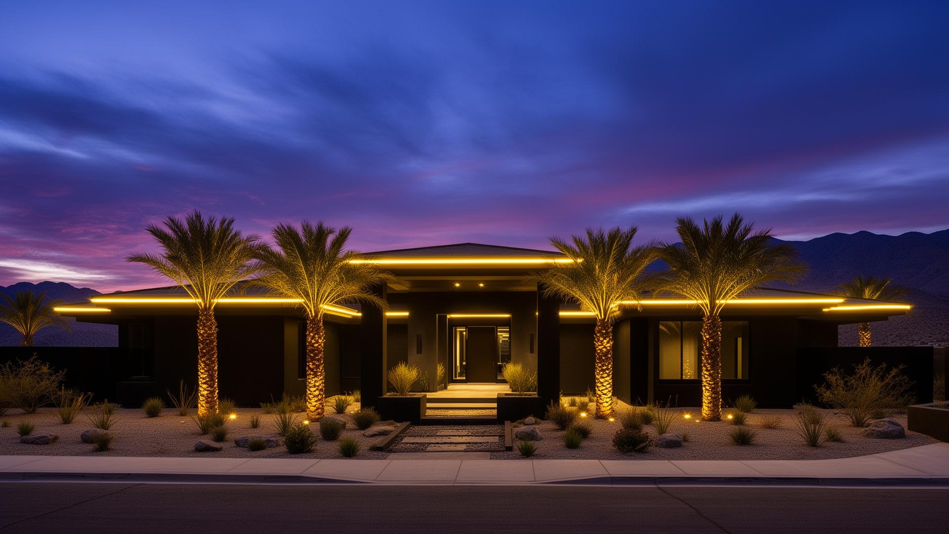 Luxury Nevada home illuminated with permanent LED roofline lighting at twilight